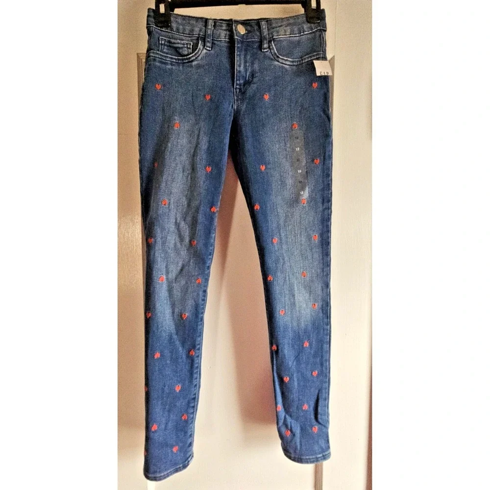 NWT GAP girls 12 High Stretch jegging embroidered hearts‎ Mid Rise skinniest Leg